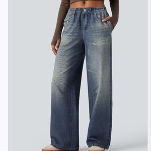 HALARA Mid Rise Denim Print French Terry Casual Sweatpants Jeans With Pockets.